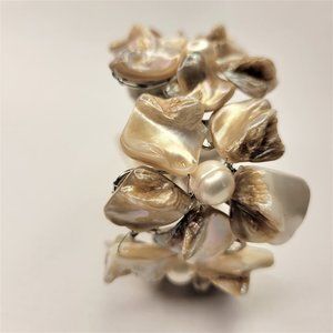 Beige White Cuff Bracelet Pearl and Mother Of Pearl Bangle - NEW